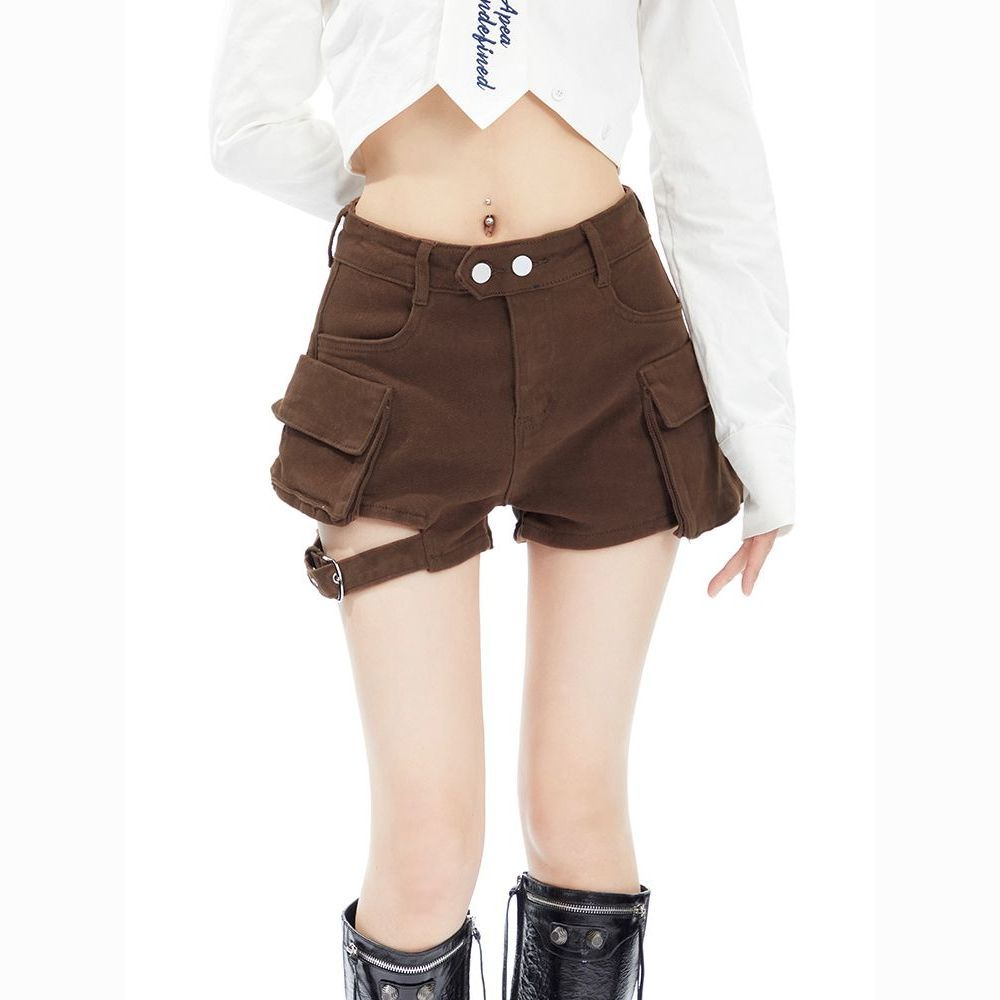 American retro workwear denim shorts for women summer 2024 new niche design large pocket casual shorts trend