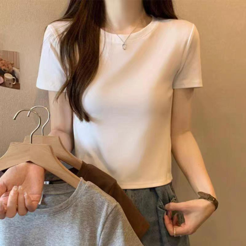 Quality 240g pure cotton threaded shoulder T-shirt women's short-sleeved summer slimming short top