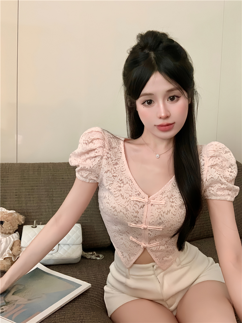 Real shot~Purely handmade new Chinese style women's puff sleeve lace top