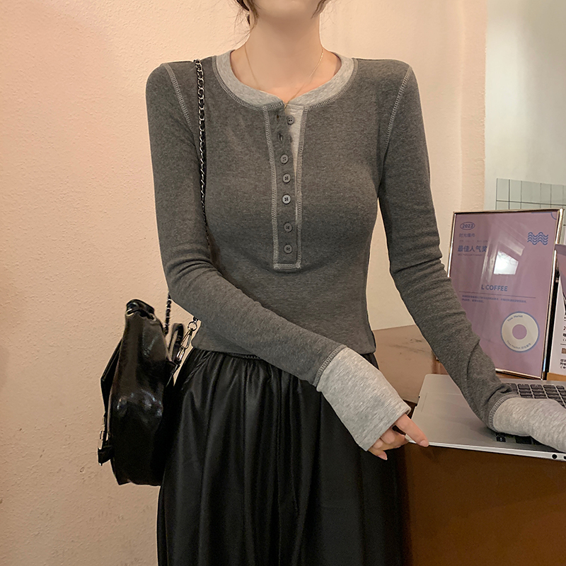 實拍 春秋螺紋260克長袖t恤女修身假兩件打底衫圓領韓版大碼女裝
