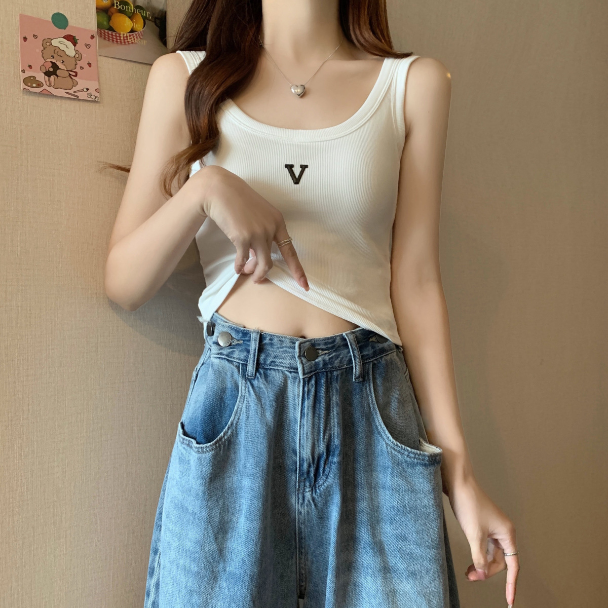 Spring and summer pure cotton back vest for women, anti-exposure, fixed belt, chest pad, inner wear, outer wear, bottoming sleeveless top