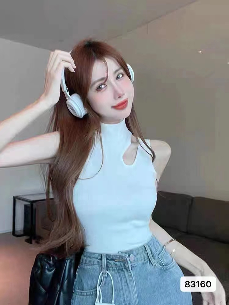 新款 半高領毛衣港風辣妹性感露肩修身無袖掛脖背心針織衫