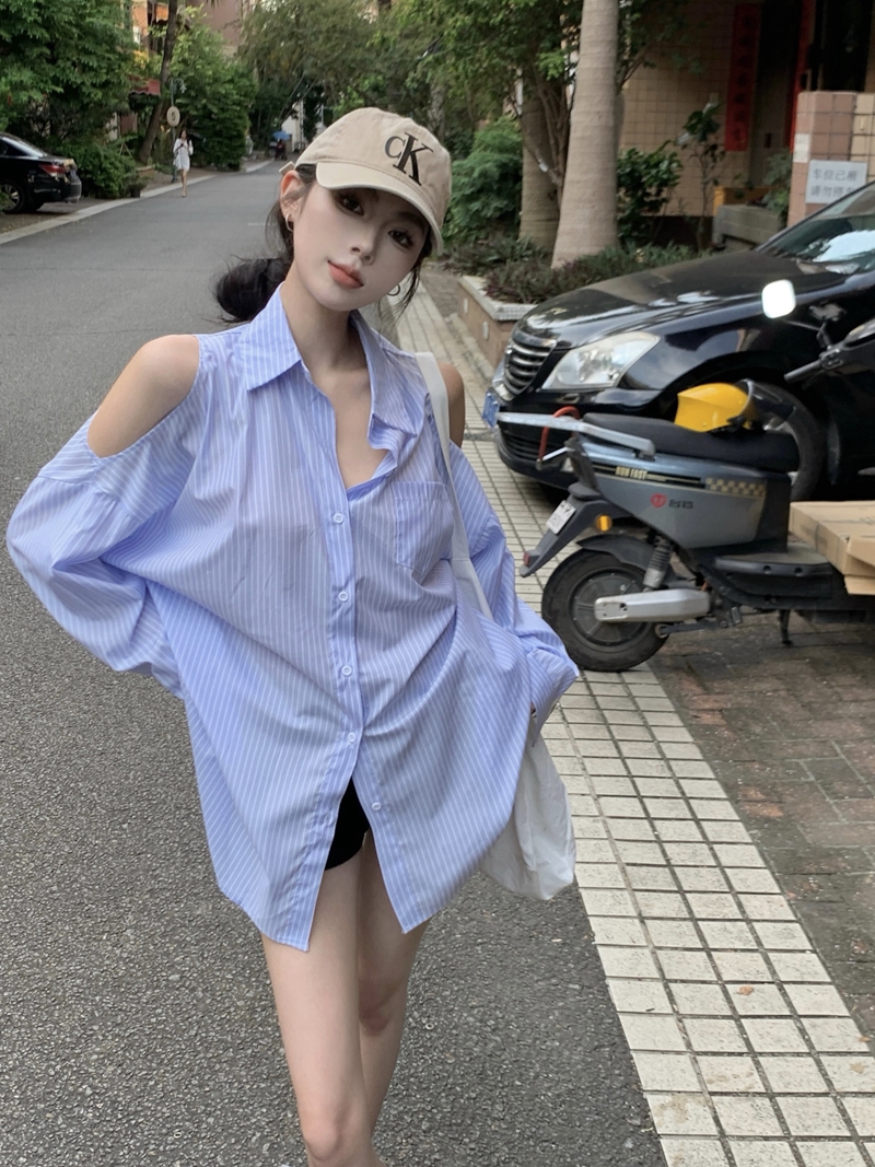 實拍夏季小眾設計感薄款寬鬆中長款露肩條紋長袖防曬襯衫潮