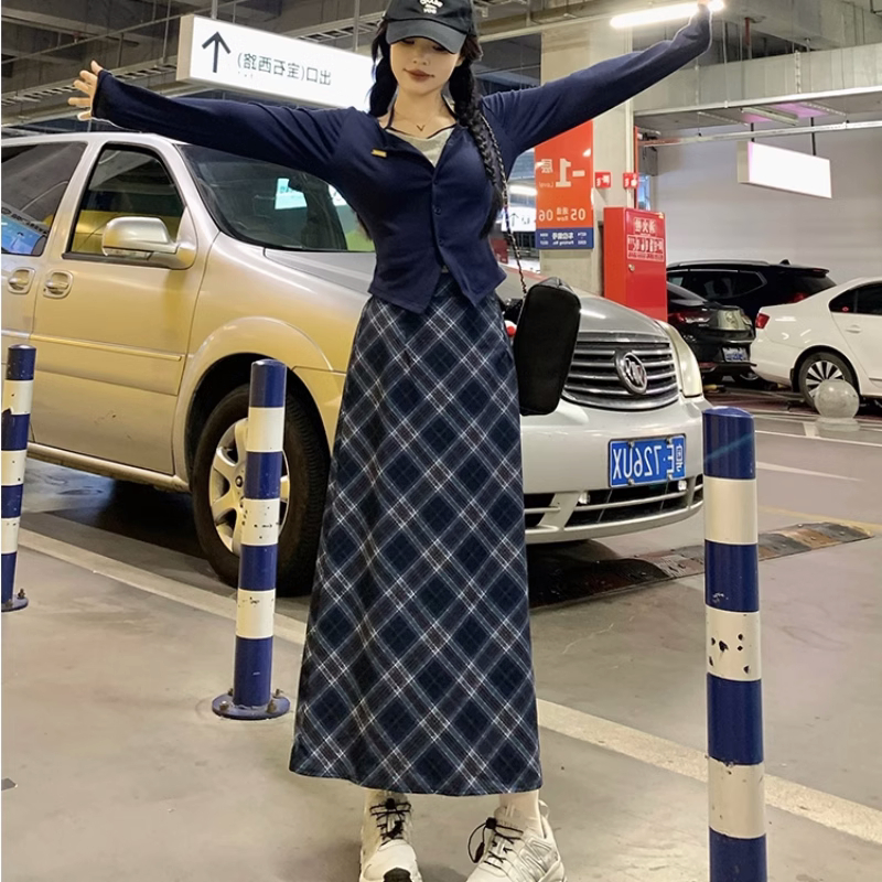 美式學院風套裝小眾假兩件針織上衣女裝秋裝格子半身裙長裙兩件套