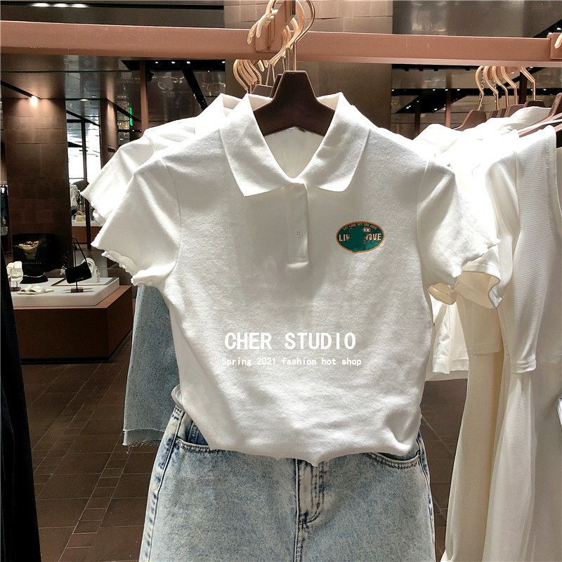 WIS&UR女裝夏季百搭短款polo衫短袖白色上衣t恤
