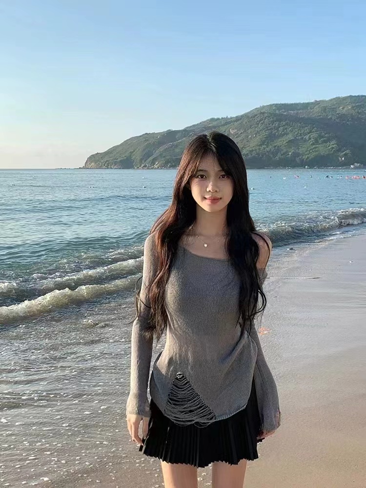 薄款防曬衫上衣女春夏小眾顯瘦甜辣破洞針織t恤