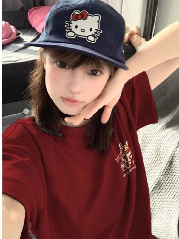 ins酒紅色純棉短袖t恤女夏季2024新款設計感小眾洋氣獨特别致上衣