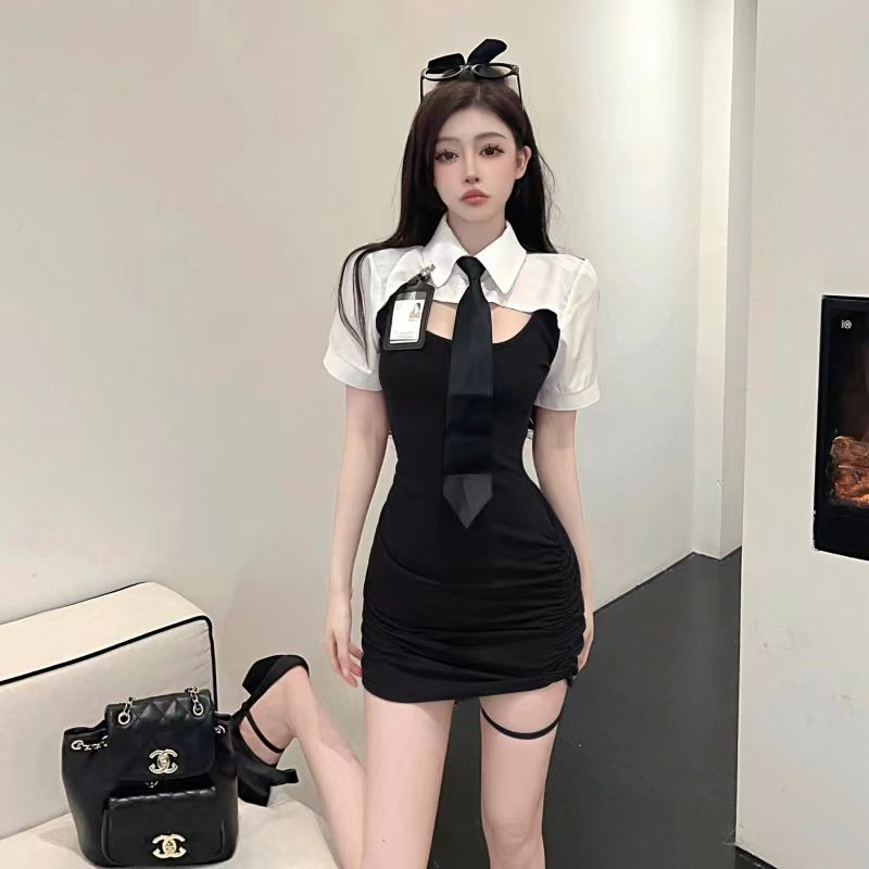 學院風甜酷辣妹假兩件鏤空露腰JK襯衫連衣裙女夏季性感黑色包臀裙