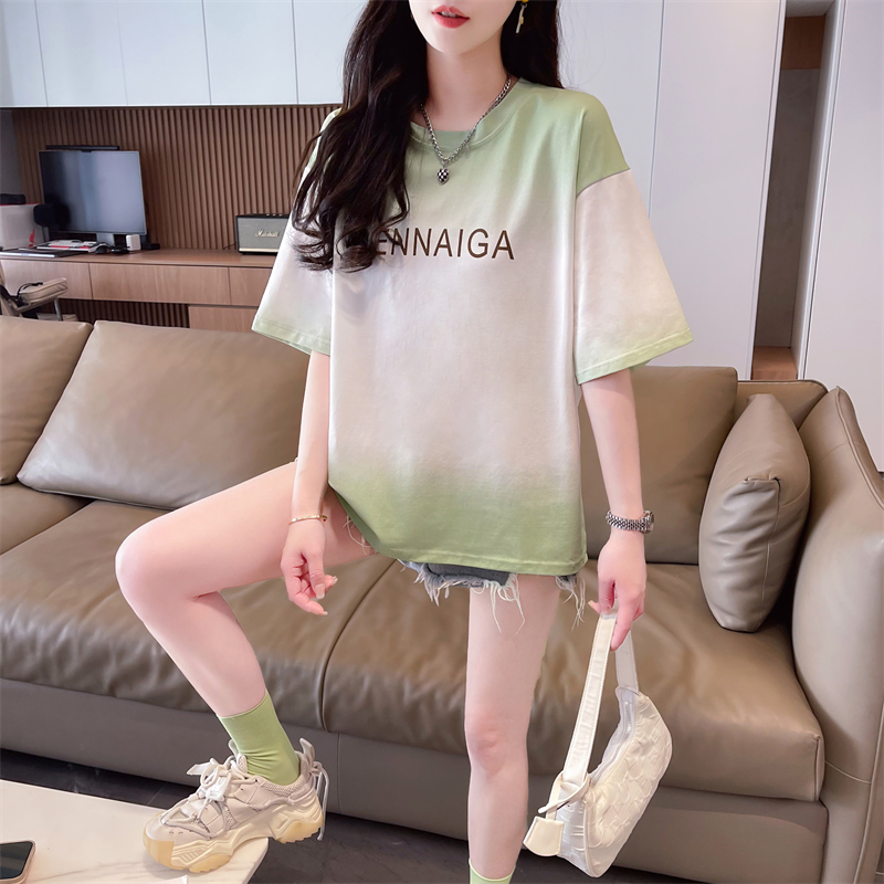 實拍 2024夏季新款韓版寬鬆漸變字母印花百搭短袖T恤女