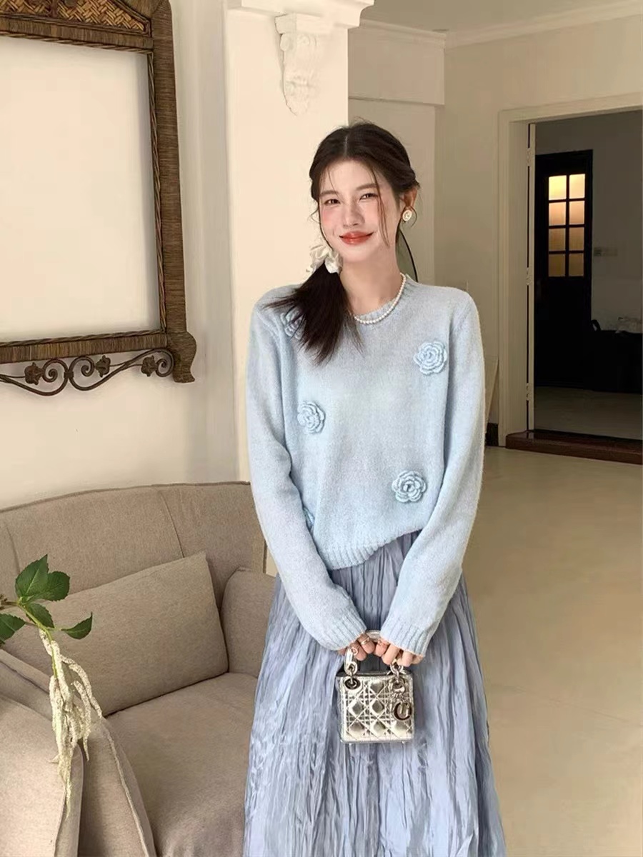 2024早春新款法式浪漫重工手工鈎花針織衫立體花朵減齡純欲小衫仙