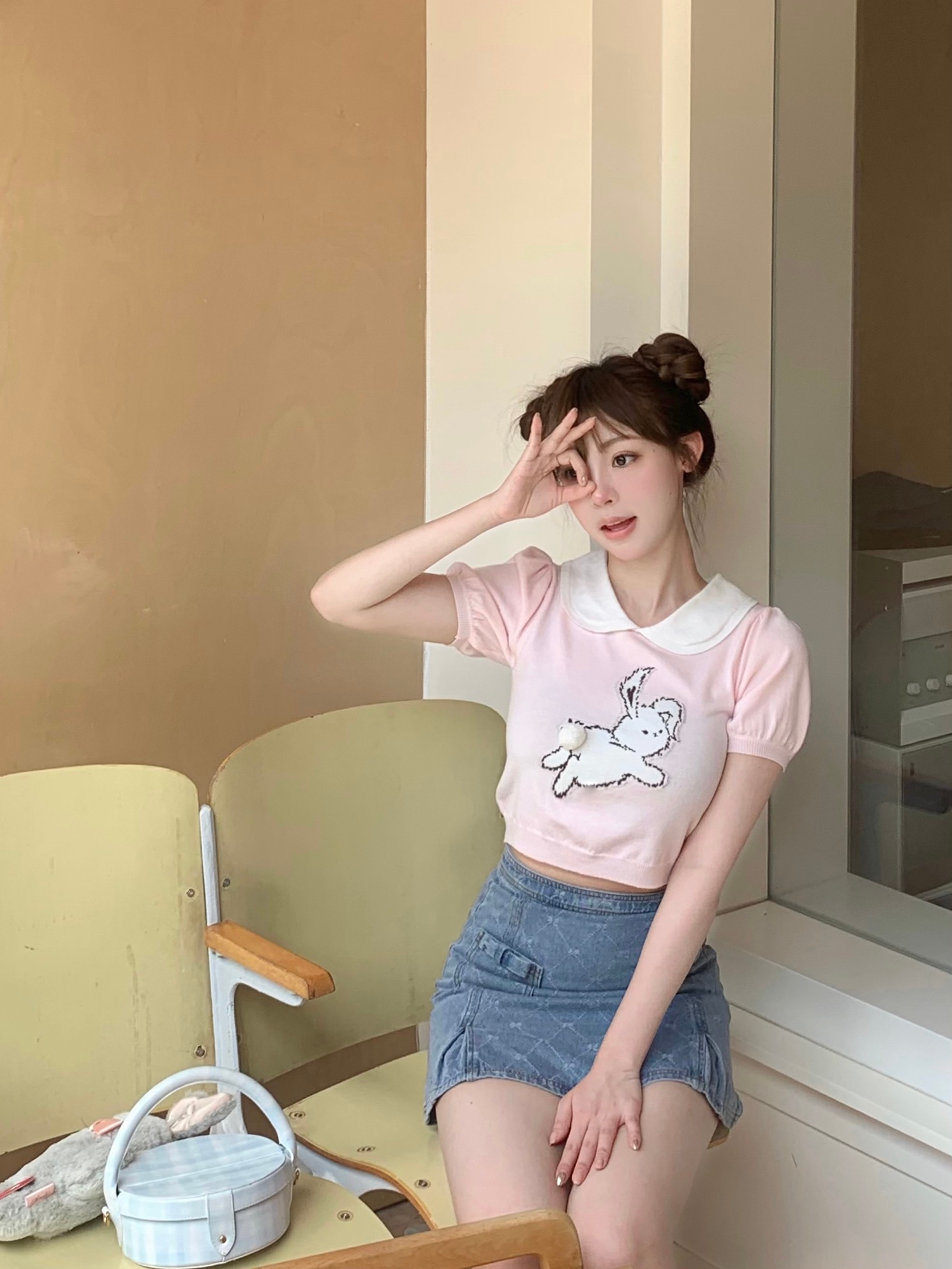 天貓質量 夏季款短袖娃娃領針織衫甜美減齡短款上衣修身顯瘦