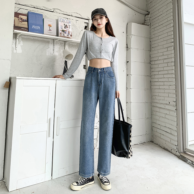 實拍牛仔褲女直筒寬鬆垂直顯瘦2024年新款春秋鬆緊腰拖地闊腿褲