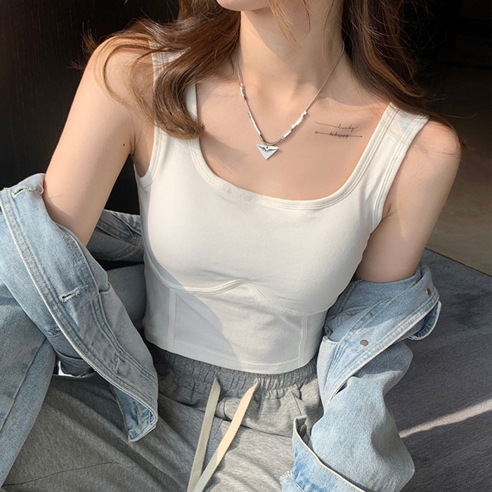 夏季新款純色寬肩小背心帶胸墊顯瘦辣妹外穿純棉無袖上衣服
