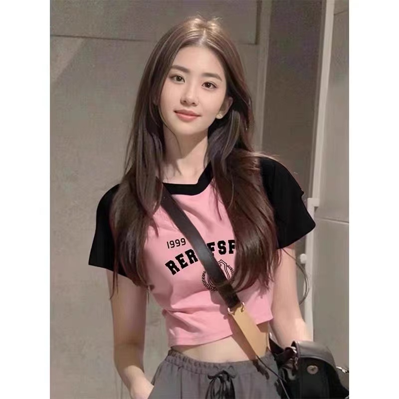 美式復古短袖T恤女夏季辣妹拼接高腰露臍修身顯瘦短款上衣打底衫