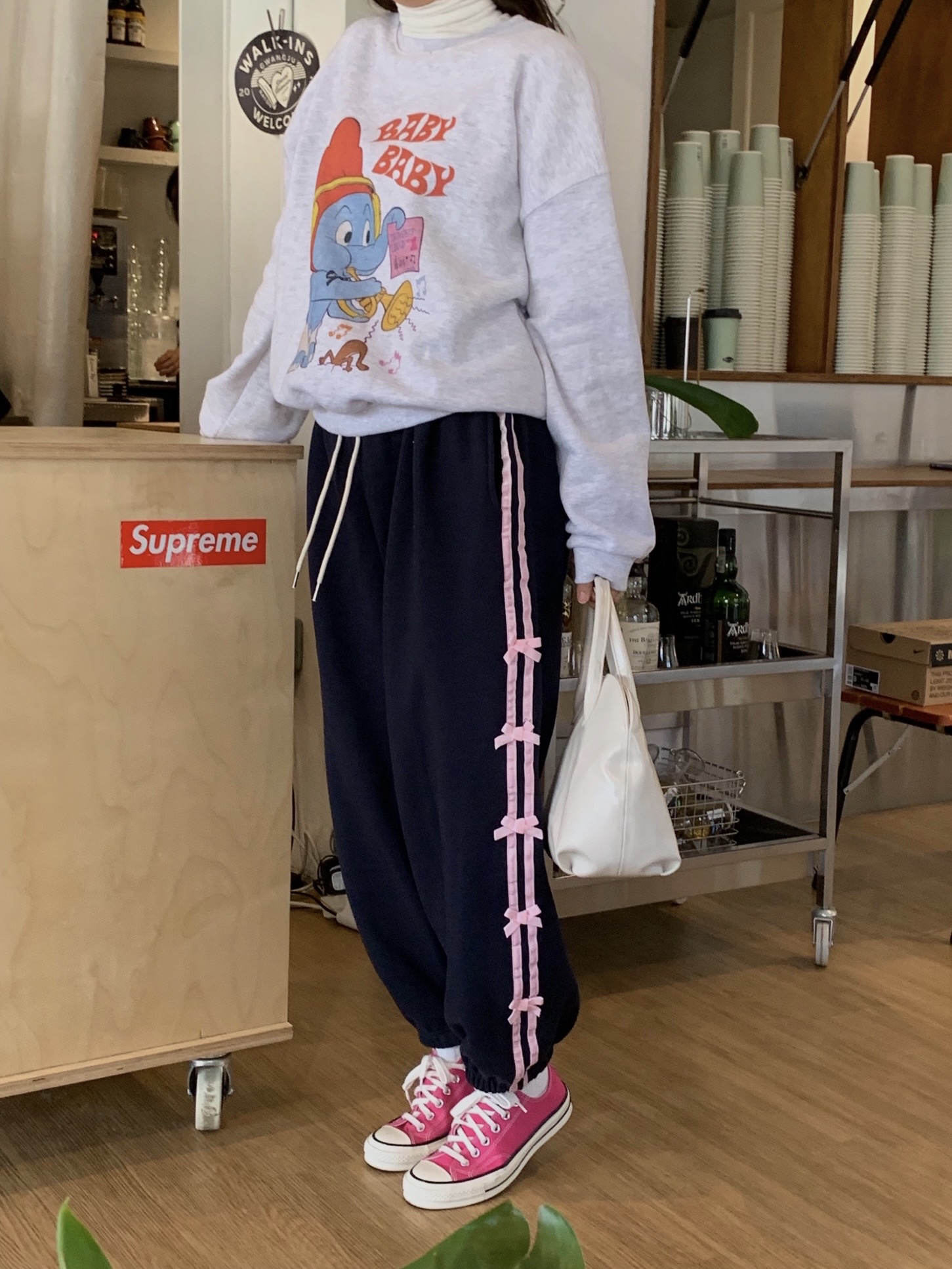 ！韓國ins可愛少女立體蝴蝶結織帶可愛運動褲鬆緊腰休閒長褲