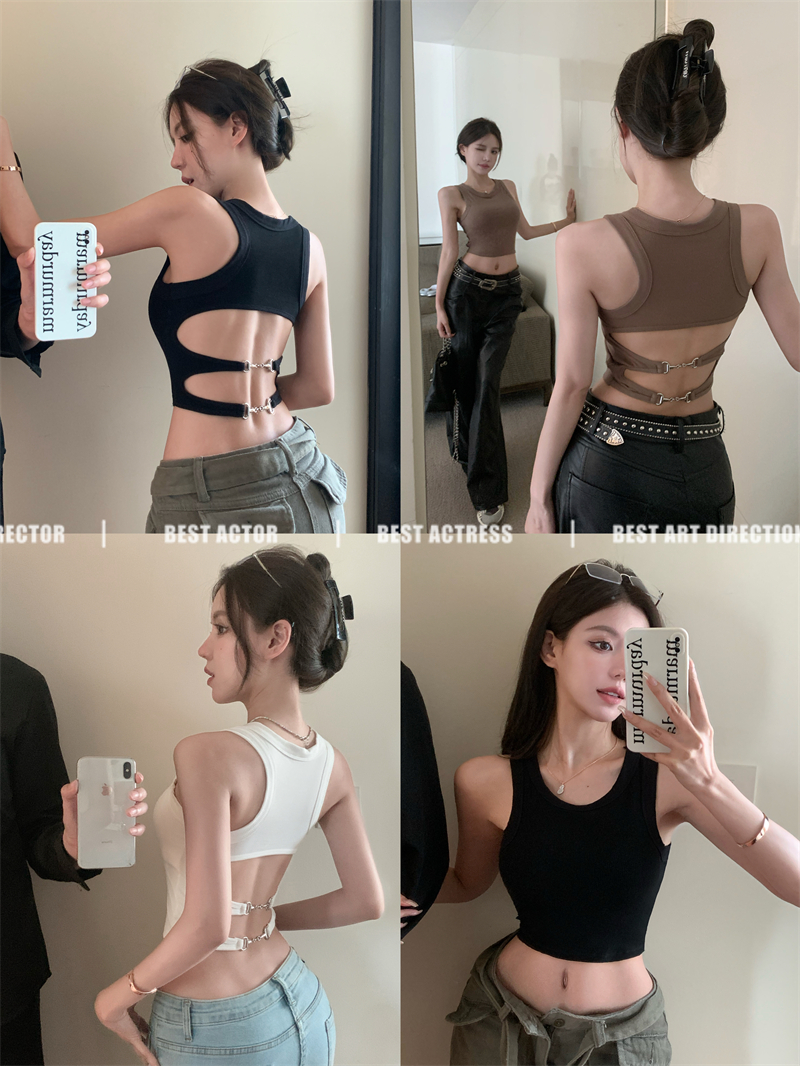 Actual shot ~ Black hollow vest women's summer design niche outer wear new suspender sleeveless backless top