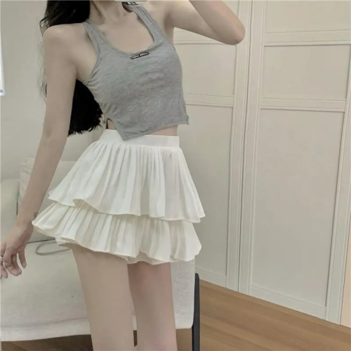 Cake skirt women's white high waist short skirt 2024 summer new culottes small pleated puffy skirt