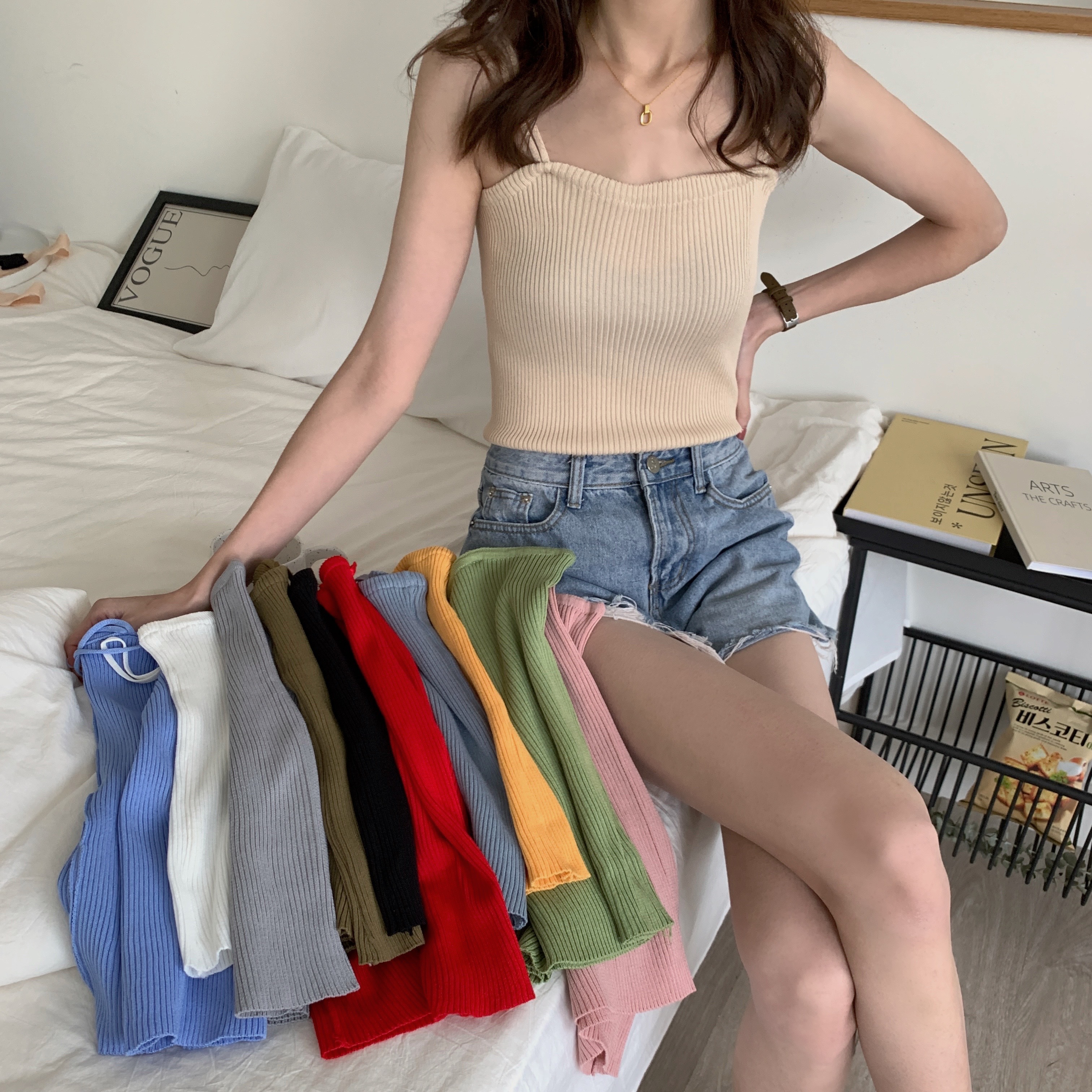 實拍~韓版新款修身百搭顯瘦雙肩帶針織吊帶小背心女