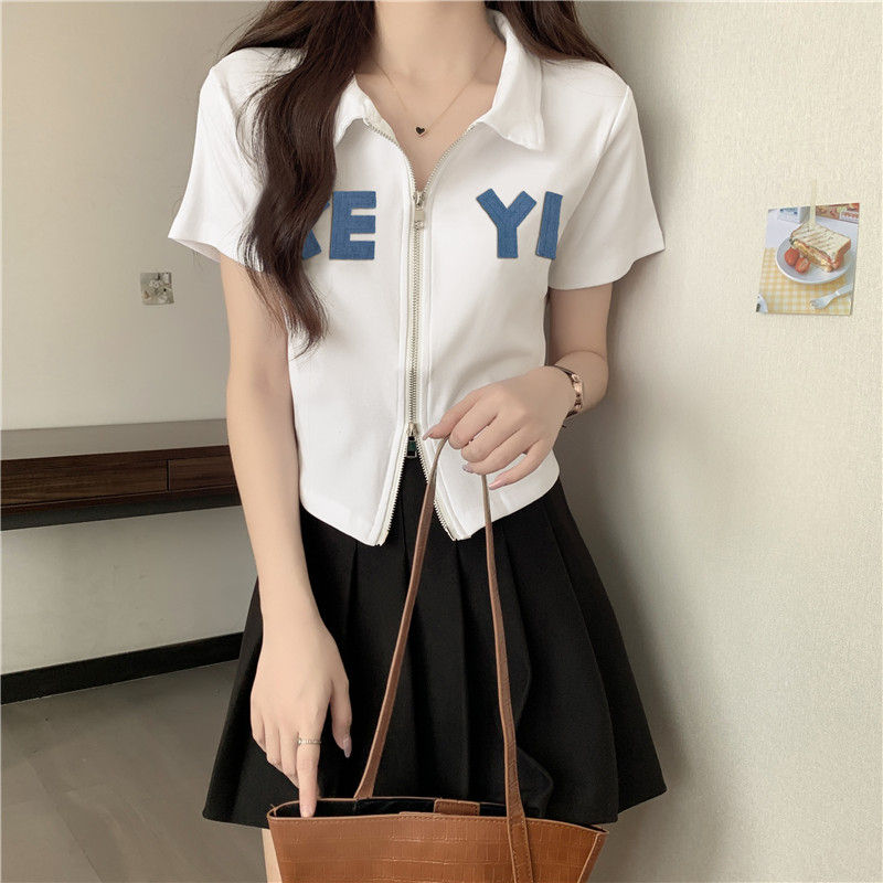 實拍 夏季韓版修身純棉高彈開衫雙拉鏈POLO領短款短袖T恤女