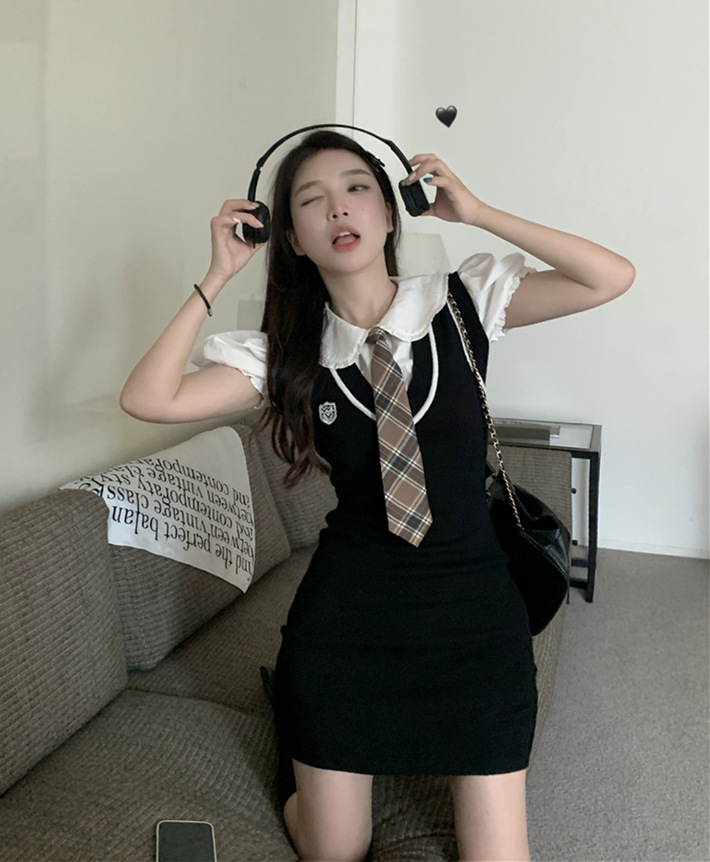 學院風時尚套裝女裝襯衫夏季包臀裙連衣裙裙子減齡顯瘦兩件套洋氣
