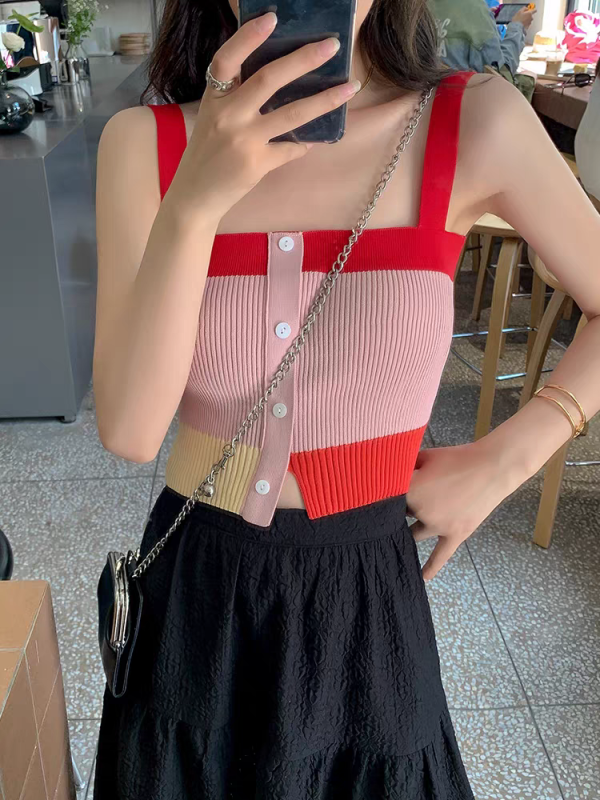 法式氣質短款背心吊帶女薄款夏季設計感小眾藍色修身露肩針織上衣