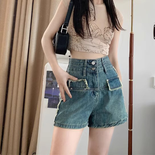 時尚高腰牛仔短褲女夏季新款毛邊設計百搭顯瘦寬鬆復古闊腿短褲子