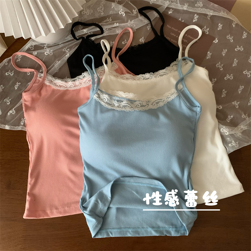 實拍性感蕾絲邊帶胸墊吊帶夏季無袖內搭外穿顯瘦短款背心