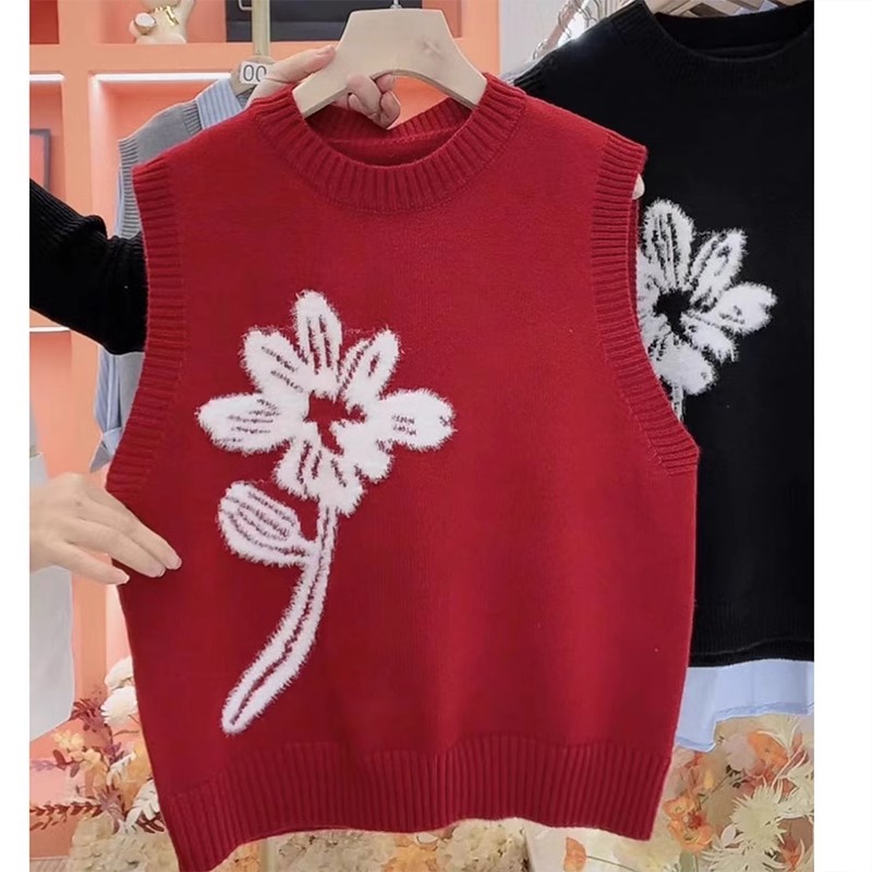 秋冬新款圓領刺繡設計感小眾坎肩針織馬甲韓系簡約百搭背心女