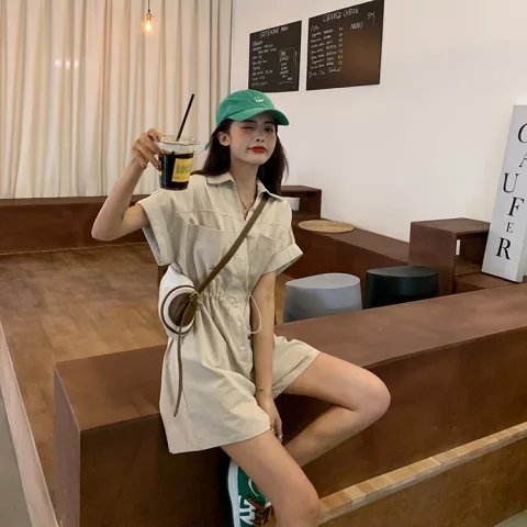 2024新款女夏季小個子連身褲網紅寬鬆短袖工裝連衣褲子
