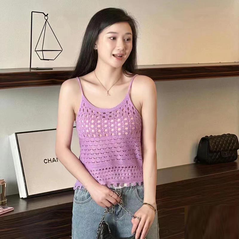 天貓質量夏季新款設計感小眾設計個性鏤空編織吊帶純色百搭