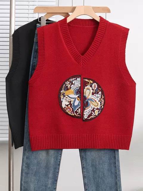 國風刺繡提花針織馬甲v領套頭早春新款寬鬆百搭無袖休閒疊穿背心