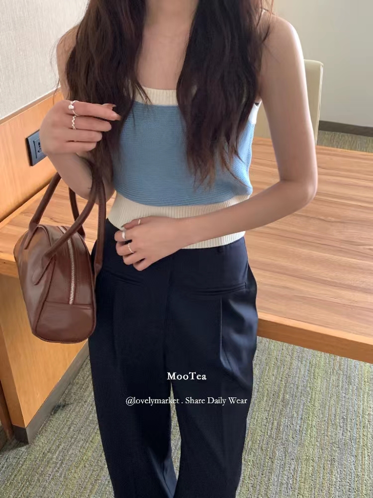 LOVELY春夏設計感扣子百搭撞色吊帶背心韓版休閒顯瘦單穿短款上衣