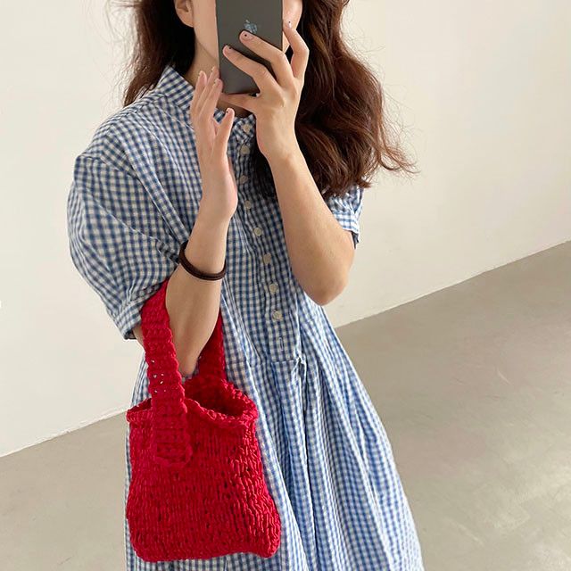 韓國chic夏季復古氣質圓領小排扣寬鬆休閒格紋過膝長款連衣裙女