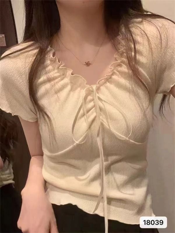 正肩短款V領花邊T恤女抽繩設計感小眾半袖上衣夏季