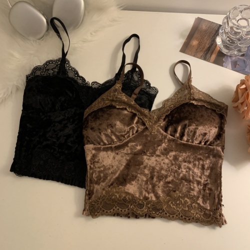 Real shot of sexy velvet lace camisole autumn and winter pure desire with breast pads sleeveless bottoming top with beautiful back