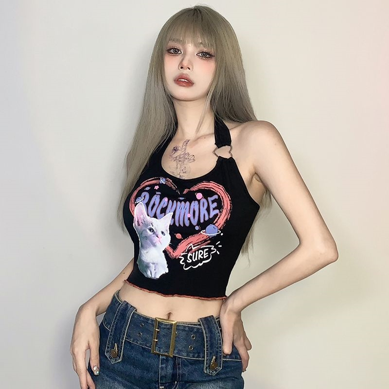 甜辣風貓咪印花掛脖吊帶背心女夏裝明線拼接短款露臍修身性感上衣