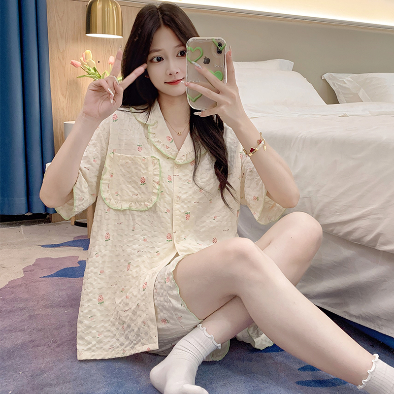 Real shot of summer Korean style new pajamas for women woven jacquard cloud cotton sweet short-sleeved shorts suit home wear