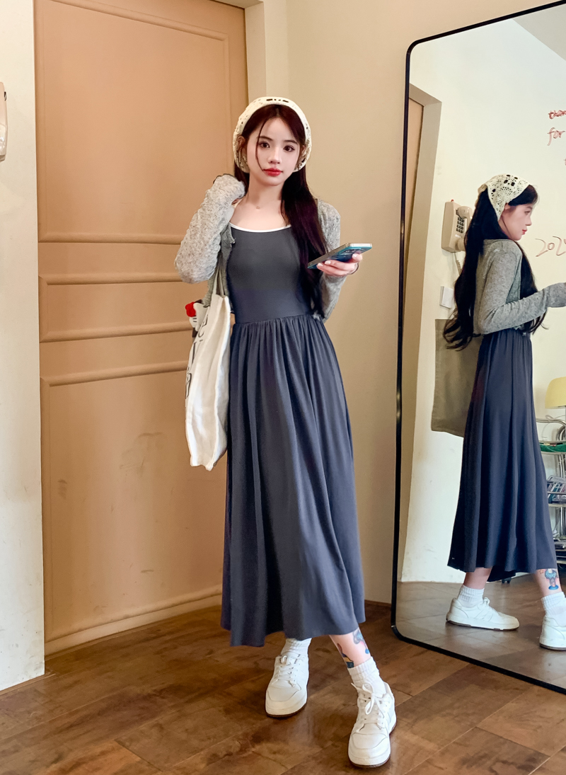 實拍 無袖吊帶連衣裙女顯瘦長裙+純色簡約防曬衫針織開衫