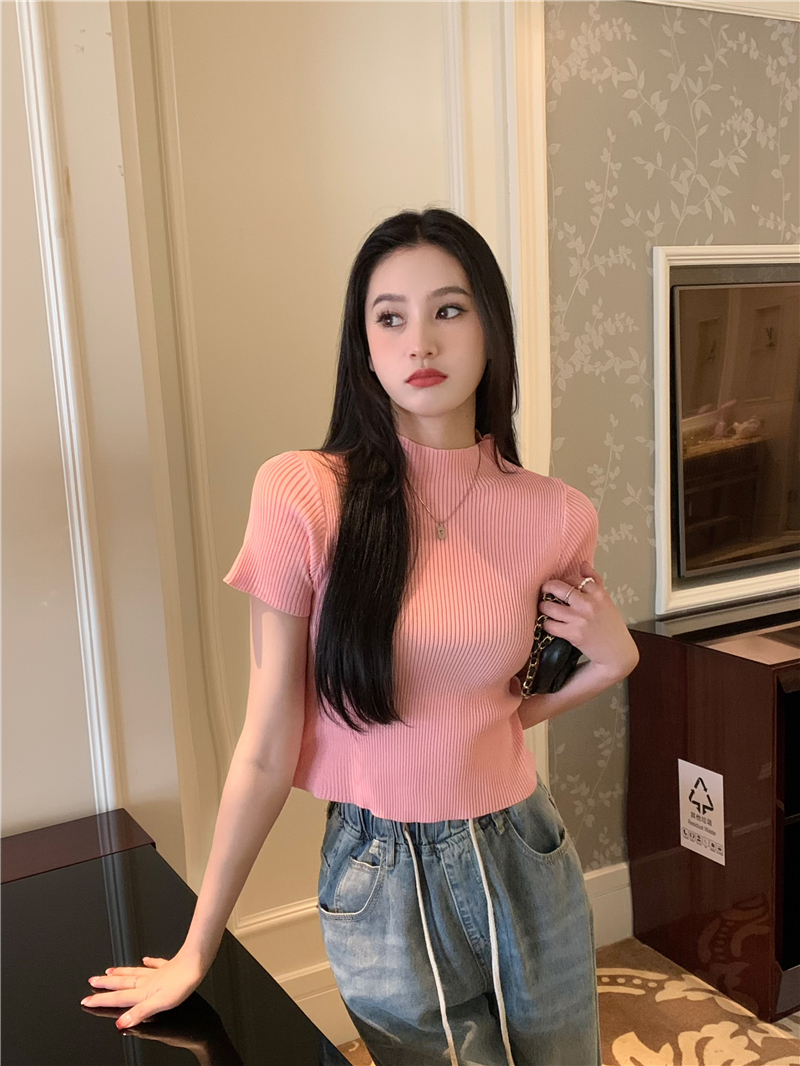 Real shot Slim slim solid color versatile half turtleneck short-sleeved knitted bottoming shirt T-shirt top for women