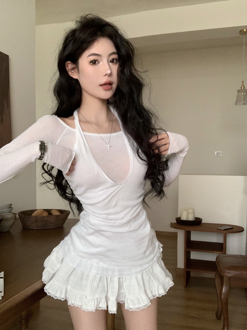 實拍春季新款性感純欲風掛脖露肩微透白色長袖T恤假兩件上衣