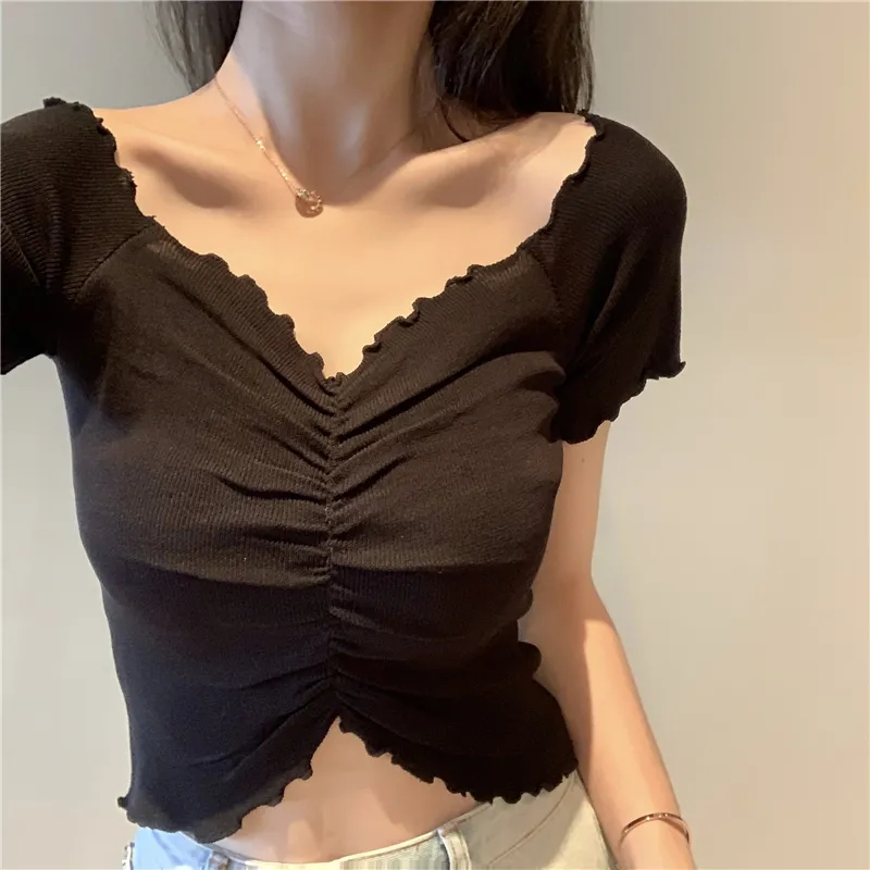 官圖夏季新款修身性感一字露肩深V褶皺T恤女心機露臍超短款上衣服