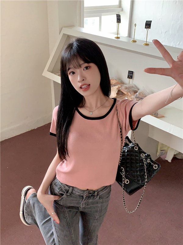 實拍 ins超火圓領套頭拼接撞色修身百搭短袖針織衫T恤上衣女