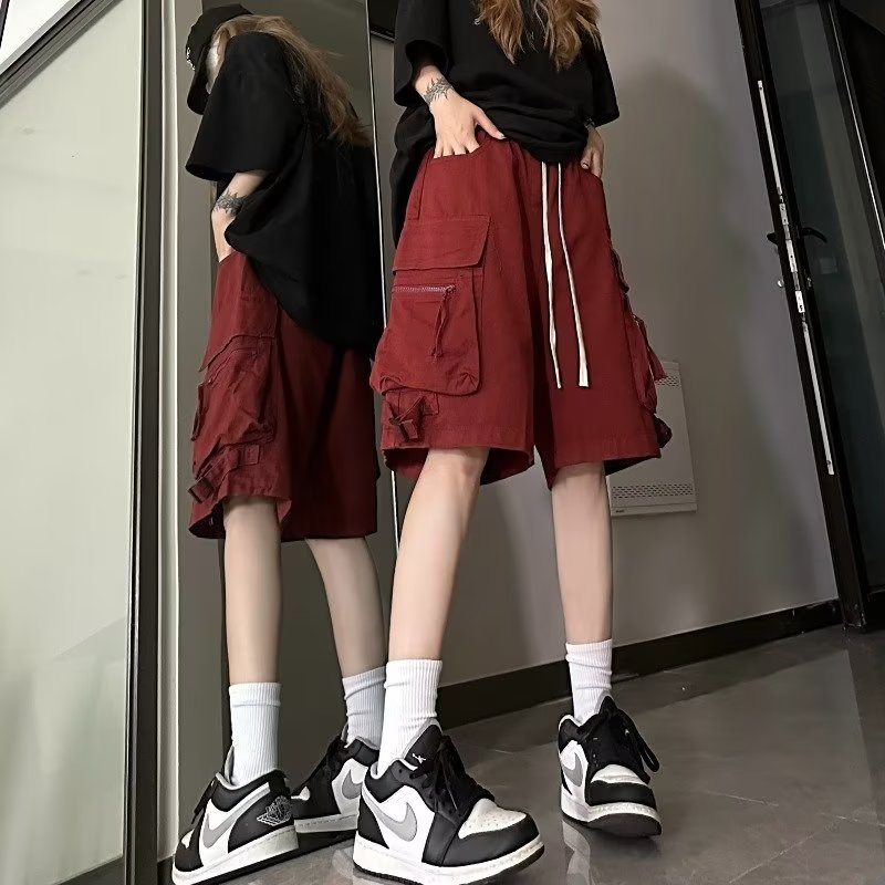 騎兵斜復網騎兵斜復網 美式hiphop酒紅色工裝過膝五6分短褲女夏季