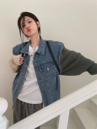 Actual shot of early spring washed heavy-duty high-end spliced ​​denim jacket top for women