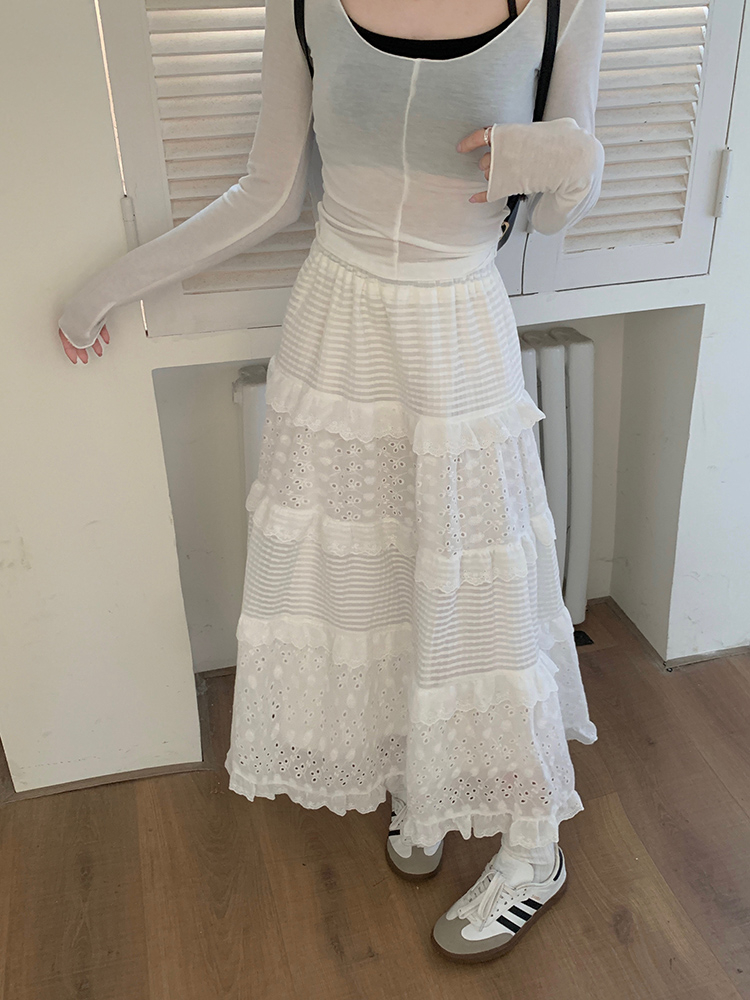 白色蛋糕裙女蕾絲春季新款半身長裙女傘裙高腰小個子裙子女