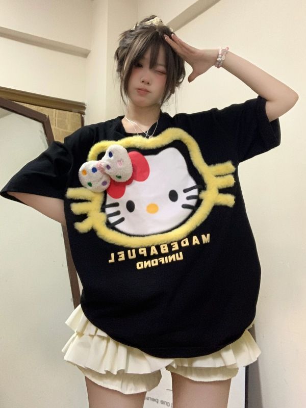 TUDOU土豆貓原創甜妹hellokittypu短袖T恤女寬鬆設計感情侶上衣潮