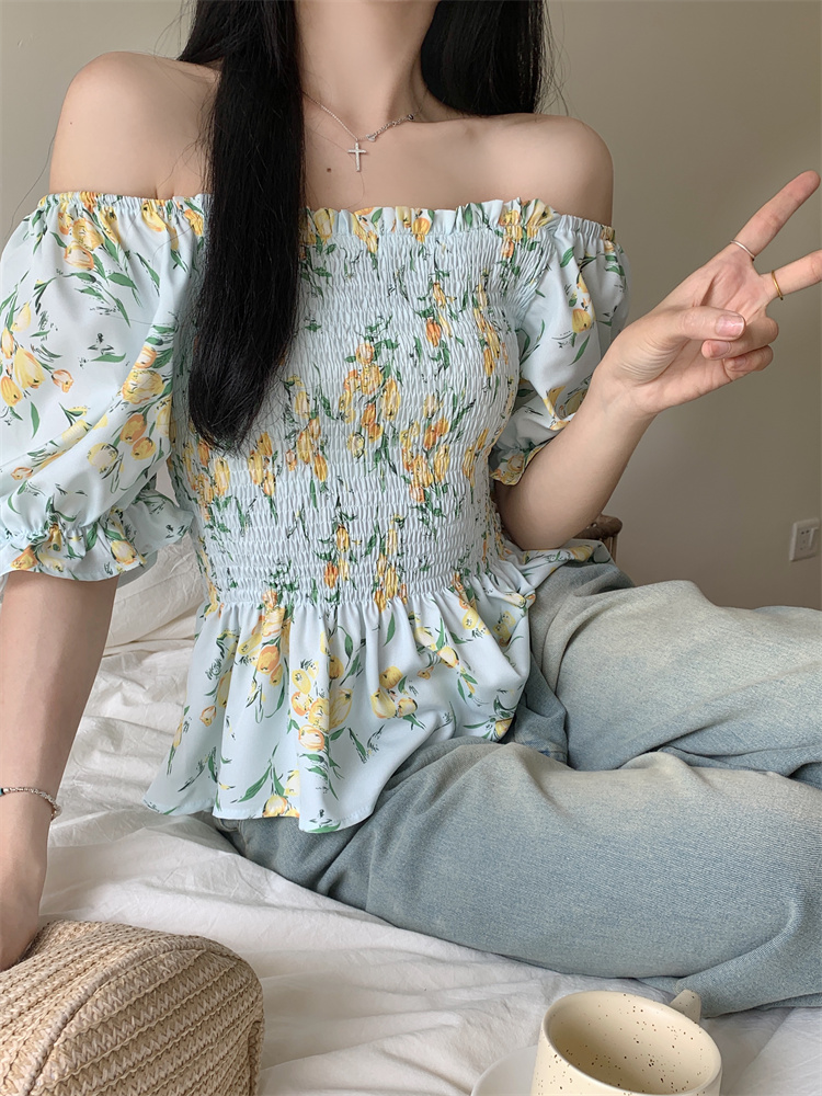 B021 real shot large size one shoulder shirt women's summer fat MM slimming niche French floral short top