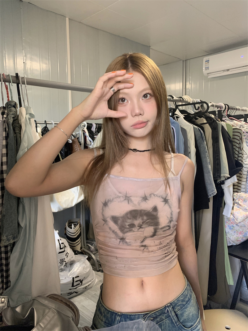 實拍 假兩件網紗吊帶背心女夏修身顯瘦短款上衣