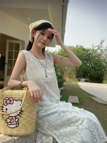 Real shot ~ 2024 new design lace jacquard see-through loose casual sleeveless vest dress