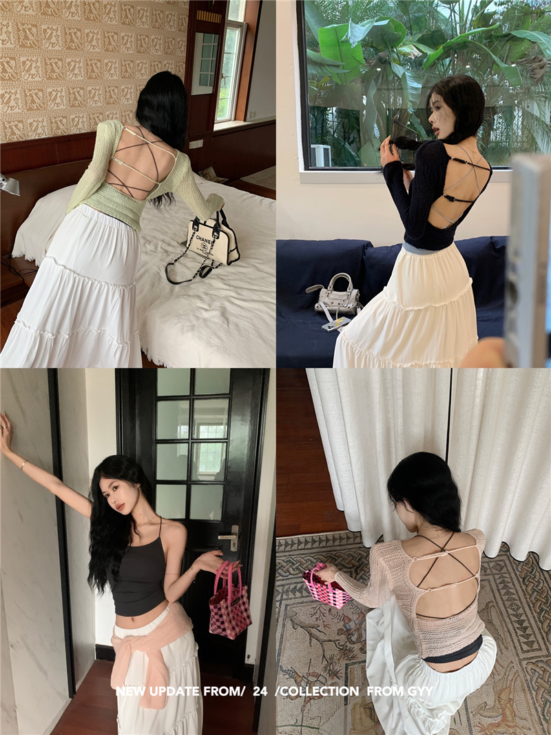 Real shot of summer slim hottie backless short sweater vest skirt three-piece set